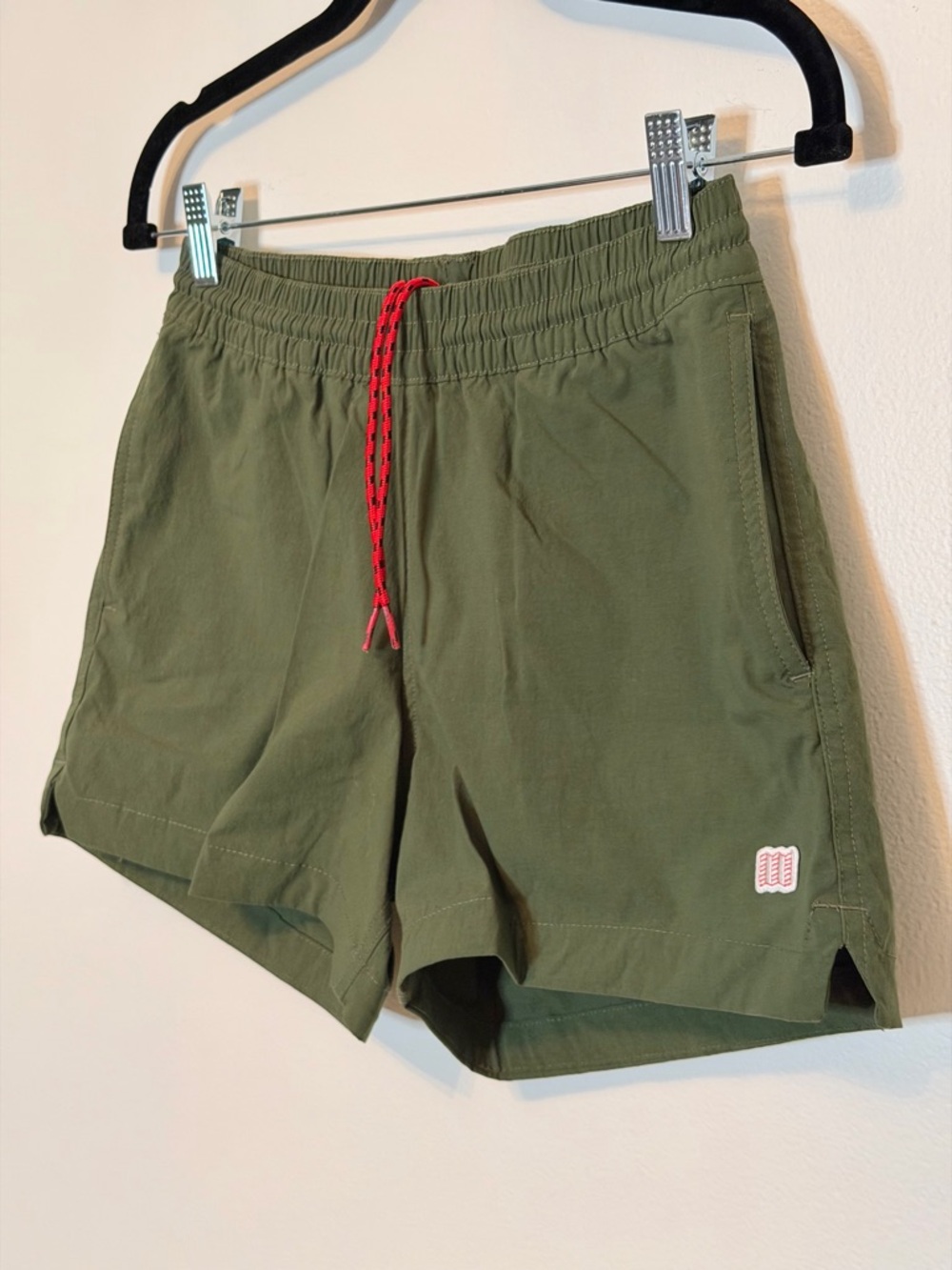 Topo Designs Women’s Global Shorts in Olive Green Ripstop with Black Pocket - Picture 3 of 4